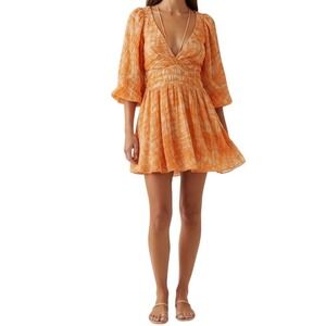 Jonathan Simkhai Orange Leafy Floral Ruched V Neck Mini Dress Size S